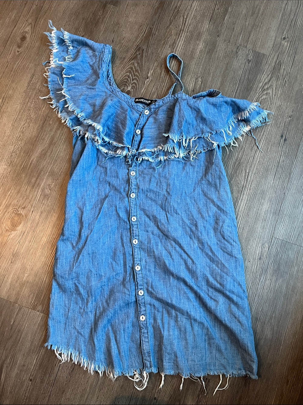 BLANK NYC Frayed Off-Shoulder Denim Dress
